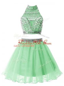 Flare Apple Green Zipper Bridesmaid Dress Beading Sleeveless Mini Length