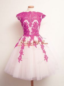 Multi-color A-line Tulle Scalloped Sleeveless Appliques Mini Length Lace Up Quinceanera Dama Dress
