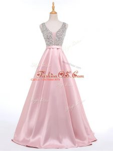 Baby Pink V-neck Neckline Beading Prom Party Dress Sleeveless Backless