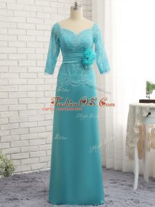 Long Sleeves Chiffon Floor Length Zipper Mother Of The Bride Dress in Aqua Blue with Lace and Appliques and Ruching and Hand Made Flower