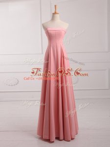 Fitting Watermelon Red Chiffon Lace Up Strapless Sleeveless Floor Length Wedding Guest Dresses Ruching