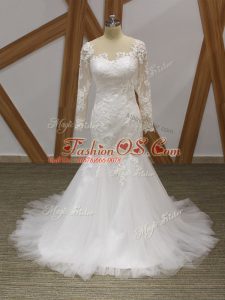 High Class Lace and Appliques Wedding Dress White Zipper Sleeveless Brush Train