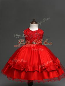 High End Red Little Girls Pageant Dress Wholesale Wedding Party with Lace and Bowknot Scoop Sleeveless Zipper