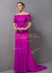 Cute Fuchsia Mother Of The Bride Dress Chiffon Sweep Train Short Sleeves Lace