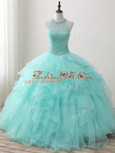 Organza Scoop Sleeveless Lace Up Beading and Ruffles Sweet 16 Dresses in Apple Green