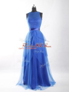 Blue Empire Scoop Sleeveless Tulle Floor Length Zipper Beading and Ruffled Layers and Belt Prom Gown