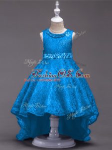 Scoop Sleeveless Kids Formal Wear High Low Beading Blue Lace