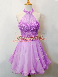 Wonderful Lilac Sleeveless Beading Knee Length Bridesmaid Dresses