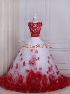 Best Selling White And Red Tulle Zipper Wedding Gowns Sleeveless Brush Train Appliques