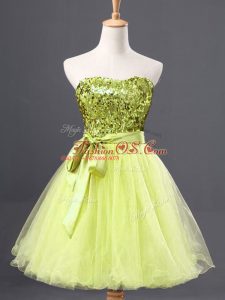 Suitable Yellow Green Tulle Zipper Prom Gown Sleeveless Mini Length Sequins