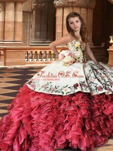 Hot Selling White And Red Strapless Neckline Embroidery and Ruffles Little Girls Pageant Gowns Sleeveless Lace Up