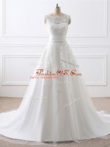 Shining White Zipper Scoop Lace Wedding Dress Tulle Sleeveless Brush Train
