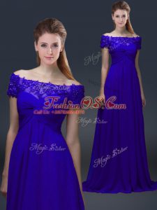 Blue Lace Up Off The Shoulder Appliques Mother Of The Bride Dress Chiffon Short Sleeves
