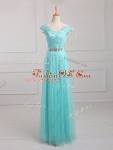 Elegant Aqua Blue Empire V-neck Cap Sleeves Tulle and Lace Floor Length Lace Up Beading and Appliques Mother Of The Bride Dress