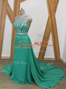 Vintage Sleeveless Chiffon Watteau Train Side Zipper Celebrity Dresses in Turquoise with Beading