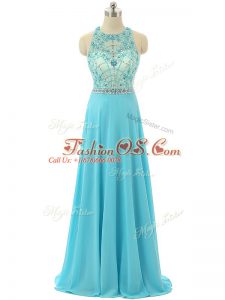 On Sale Sleeveless Floor Length Beading Zipper Party Dress for Girls with Aqua Blue