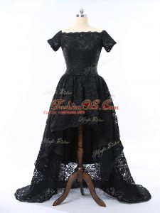 Enchanting Black Lace Zipper Prom Dress Short Sleeves High Low Lace