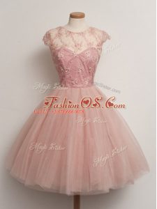 Tulle Cap Sleeves Knee Length Bridesmaid Gown and Lace