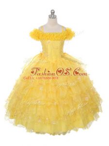 Yellow Ball Gowns Organza Off The Shoulder Sleeveless Ruffles and Ruffled Layers Floor Length Lace Up Little Girl Pageant Dress