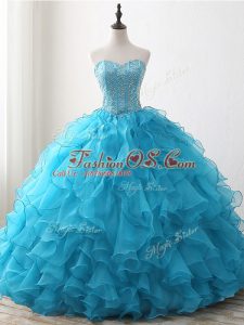 New Arrival Baby Blue Ball Gowns Sweetheart Sleeveless Organza Floor Length Lace Up Beading and Ruffles 15th Birthday Dress