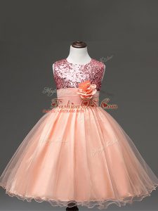Fancy Tulle Sleeveless Knee Length Pageant Gowns For Girls and Sequins and Hand Made Flower