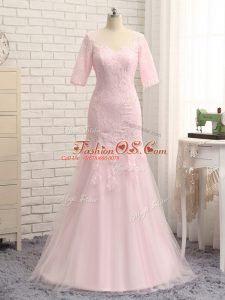Floor Length Zipper Mother Of The Bride Dress Baby Pink for Prom and Military Ball and Beach with Lace and Appliques