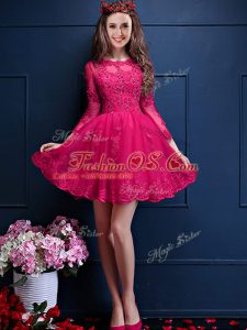 Glittering 3 4 Length Sleeve Lace Up Mini Length Beading and Lace and Appliques Bridesmaid Dresses