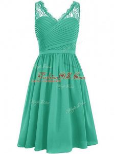 Trendy Knee Length Side Zipper Bridesmaid Gown Green for Prom and Party and Wedding Party with Lace and Ruching