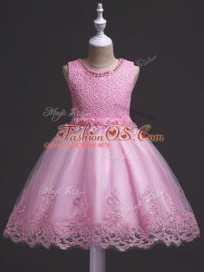Low Price Rose Pink Zipper Scoop Lace Little Girls Pageant Gowns Tulle Sleeveless