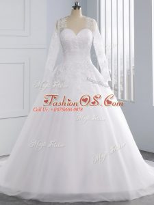High Class Sleeveless Appliques Lace Up Wedding Dress with White Court Train