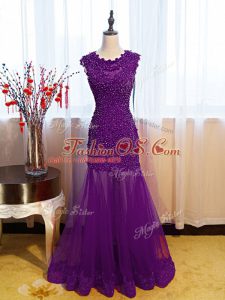 Eggplant Purple Side Zipper Scoop Beading and Lace and Appliques Evening Party Dresses Tulle Sleeveless