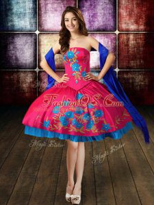 Sexy Hot Pink Military Ball Dresses For Women Prom and Party and Military Ball with Beading and Embroidery Strapless Sleeveless Lace Up