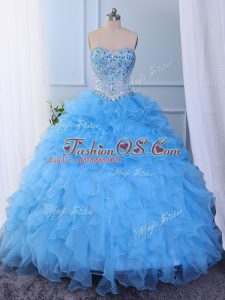 Baby Blue Sleeveless Beading and Embroidery and Ruffled Layers Floor Length Quince Ball Gowns