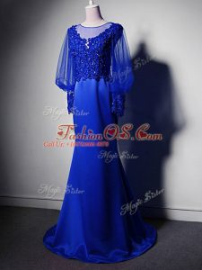 Royal Blue Elastic Woven Satin Clasp Handle Mother Of The Bride Dress Long Sleeves Brush Train Beading and Lace and Appliques