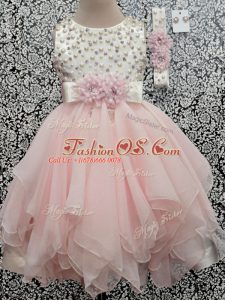 Scoop Sleeveless Kids Pageant Dress Asymmetrical Beading and Hand Made Flower Baby Pink Chiffon