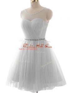 Unique Grey Evening Dress Prom and Party and Sweet 16 with Beading and Ruching Scoop Sleeveless Lace Up