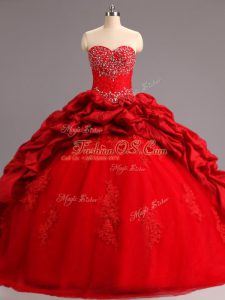 Red Sleeveless Taffeta and Tulle Court Train Lace Up Sweet 16 Dresses for Military Ball and Sweet 16 and Quinceanera