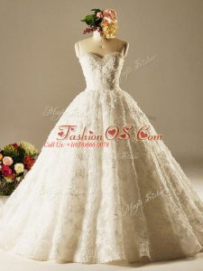 Free and Easy Sleeveless Beading and Lace Lace Up Bridal Gown with White Brush Train
