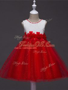 Stylish Scoop Sleeveless Zipper Girls Pageant Dresses Wine Red Tulle