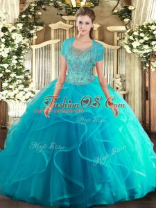 Classical Aqua Blue Sleeveless Tulle Clasp Handle 15 Quinceanera Dress for Military Ball and Sweet 16 and Quinceanera