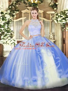 Dazzling Floor Length Zipper Ball Gown Prom Dress Baby Blue for Military Ball and Sweet 16 and Quinceanera with Lace and Ruffles