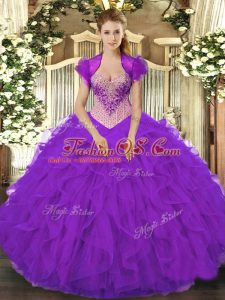 Ball Gowns Vestidos de Quinceanera Purple V-neck Organza Sleeveless Floor Length Lace Up