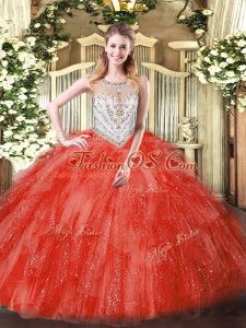 Fabulous Ball Gowns Quinceanera Gowns Coral Red Scoop Tulle Sleeveless Floor Length Zipper