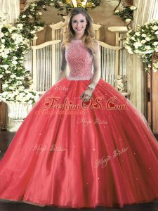 Red Ball Gowns Tulle High-neck Sleeveless Beading Floor Length Lace Up Ball Gown Prom Dress