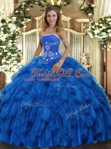 Custom Designed Royal Blue Strapless Lace Up Beading and Ruffles Quinceanera Gown Sleeveless