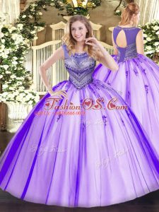 Customized Beading Quinceanera Dresses Lavender Lace Up Sleeveless Floor Length