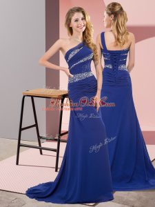 Dazzling One Shoulder Sleeveless Sweep Train Lace Up Dress for Prom Blue Chiffon