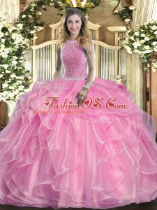 Rose Pink Ball Gown Prom Dress Military Ball and Sweet 16 and Quinceanera with Beading and Ruffles High-neck Sleeveless Lace Up