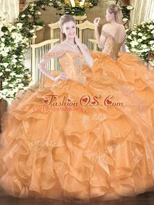 Custom Fit Organza Off The Shoulder Sleeveless Lace Up Beading and Ruffles Ball Gown Prom Dress in Orange