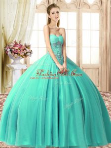 Ball Gowns Vestidos de Quinceanera Turquoise Sweetheart Tulle Sleeveless Floor Length Lace Up